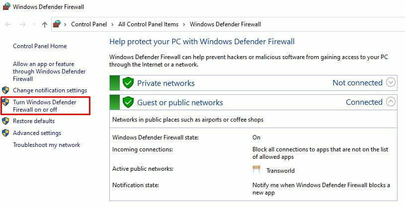 firewall settings turn on off