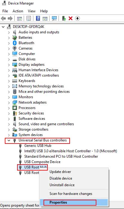 device manager usb root hub properties